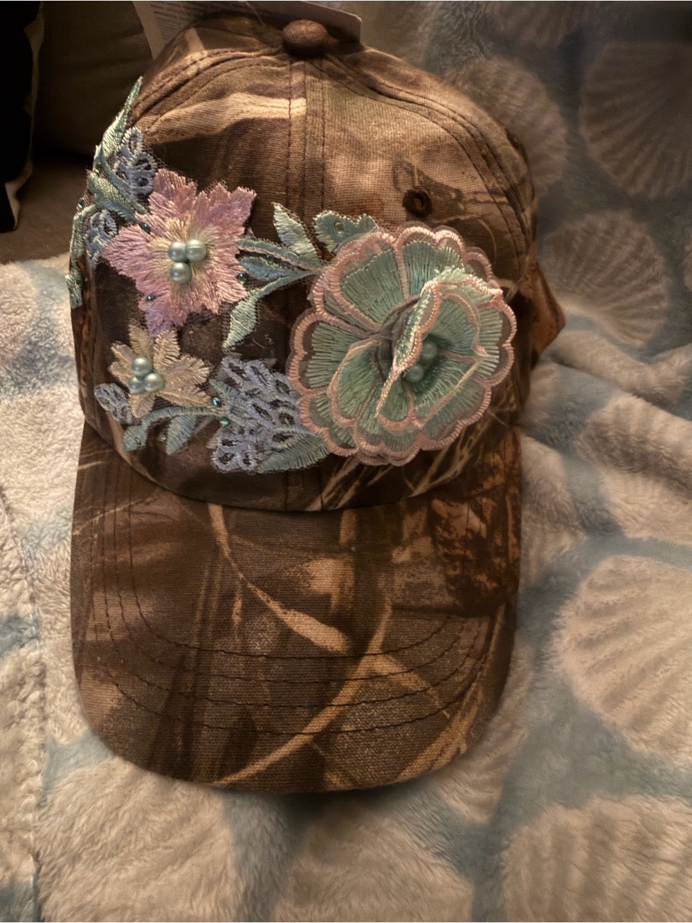 Embroidered Floral Camouflage Baseball Cap - Women's Brown & Aqua